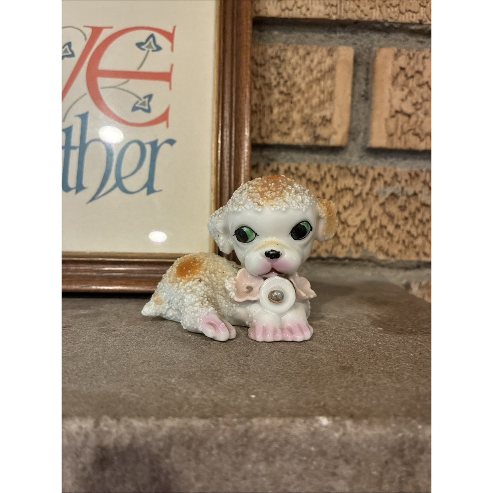 Vintage  Spaghetti Sugar Glaze Texture Dog Puppy White Pink Flowers Japan MCM